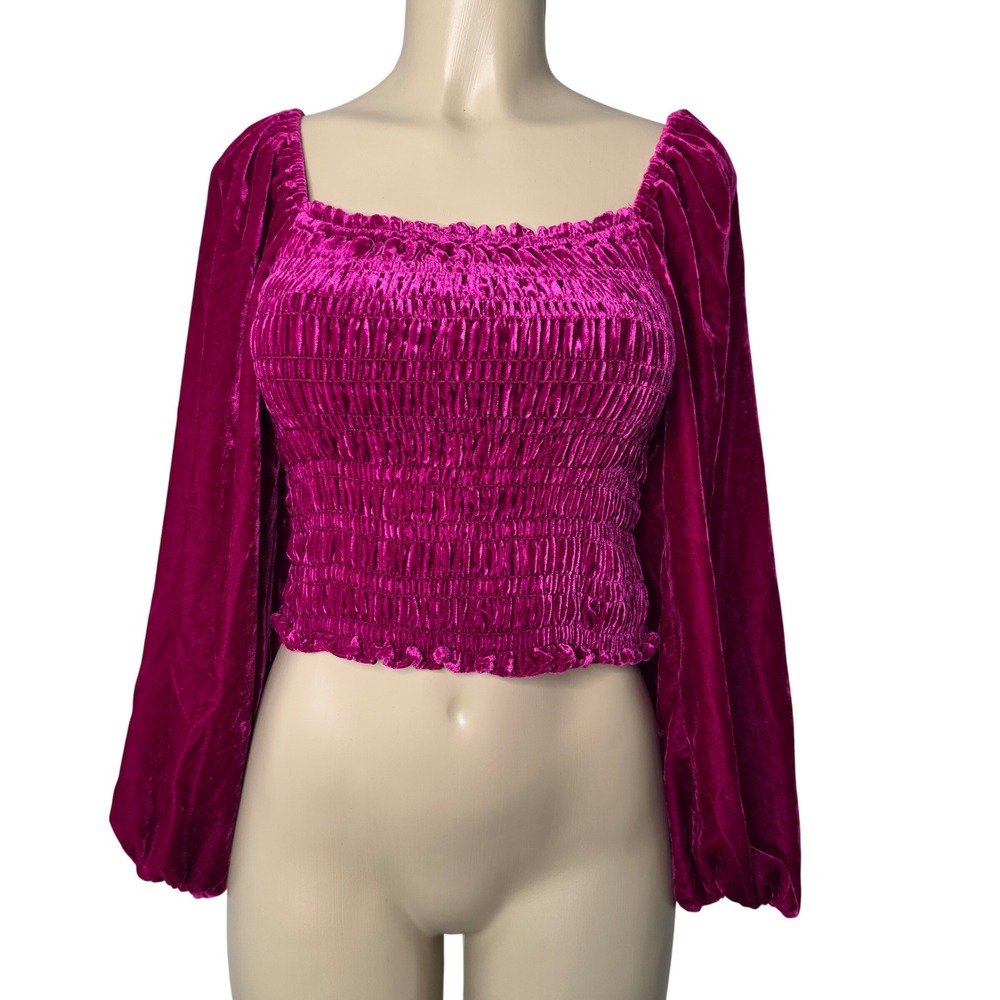 Anthropologie Top Womens S Pink Velvet Smocked Balloon Sleeve Cropped Blouse